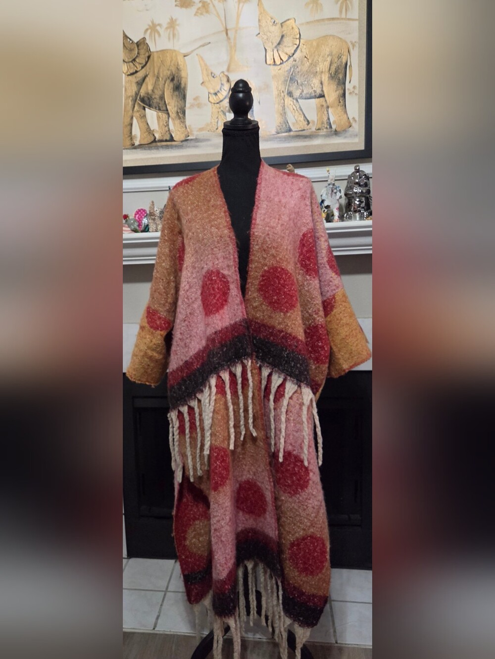 Boho Dusty Rose & Terracotta Polka Dot Fringe Kimono Wrap